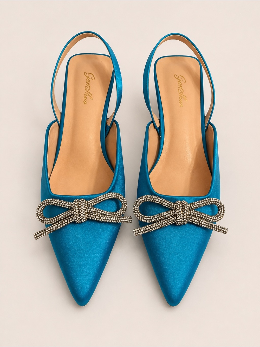 GenShuo Turquoise Satin Rhinestone Bow Slingback Flats – Sz8 #MarieAntoinette